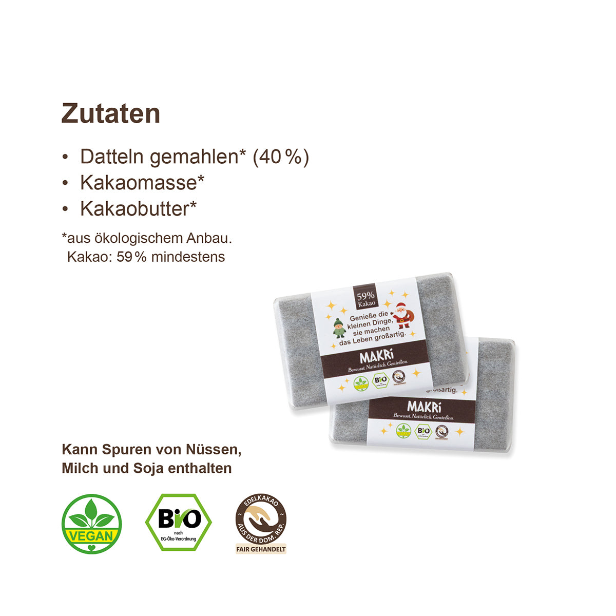 MAKRi Weihnachtsbeutel - Bio Dattel Schokolade - Natur 59% - 200g