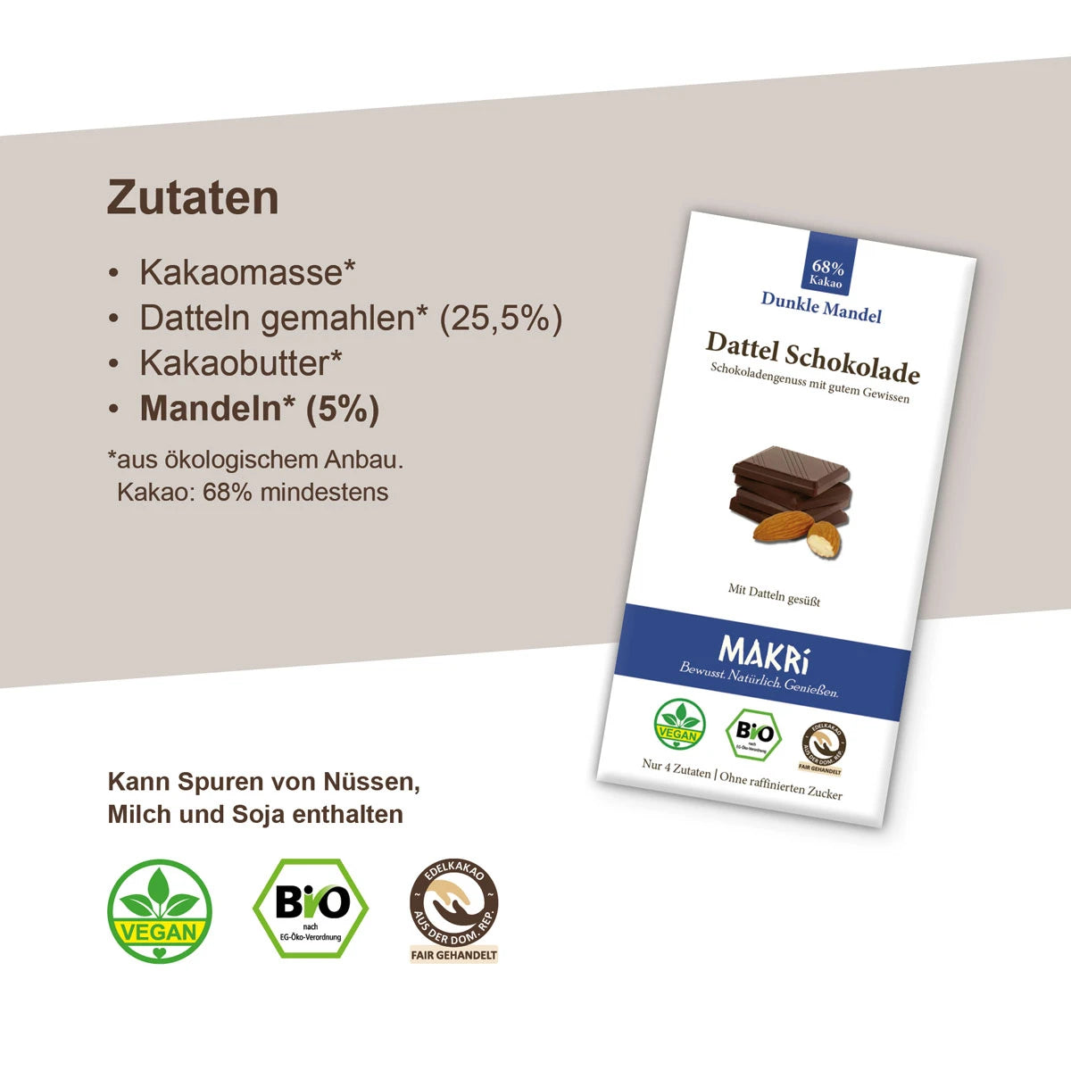 MAKRi Bio Dattel Schokolade - Dunkle Mandel 68%
