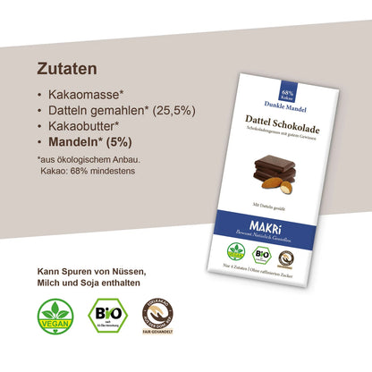 MAKRi Bio Dattel Schokolade - Dunkle Mandel 68%