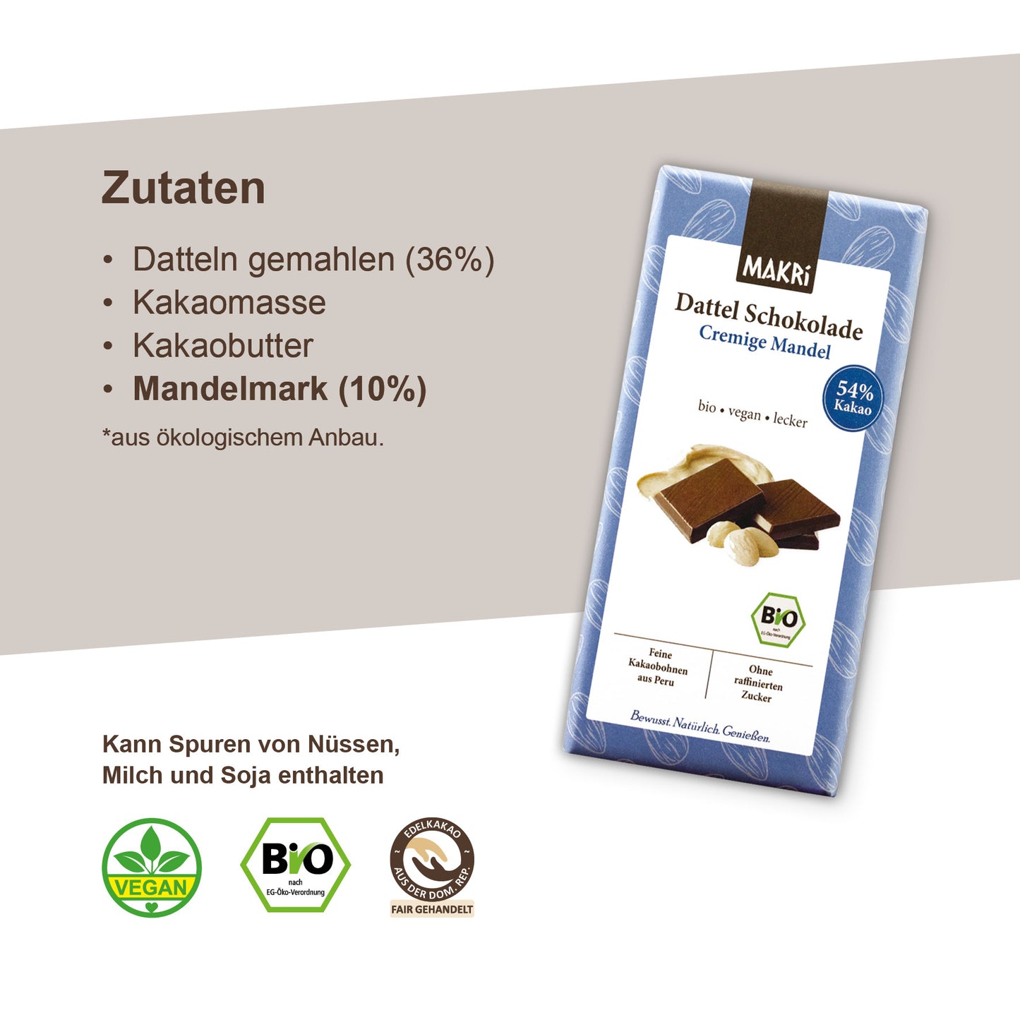 MAKRi Bio Dattel Schokolade - Cremige Mandel 54% - Peru